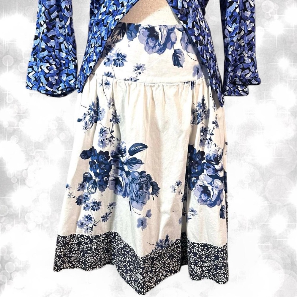 Cottagecore Boho Style Floral White and Blue Flowy Midi Skirt